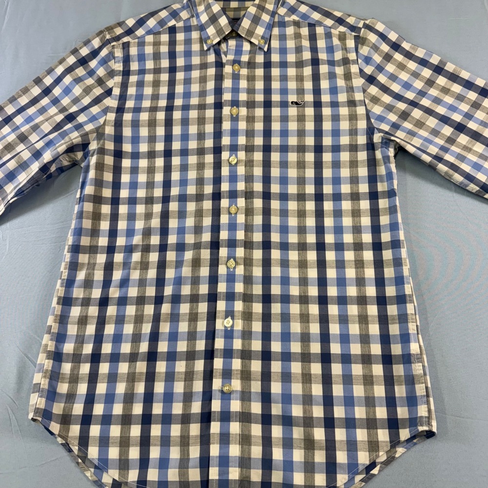 Vineyard Vines Mens Slim Fit Whale Shirt Blue Grey Gingham Button Down Small